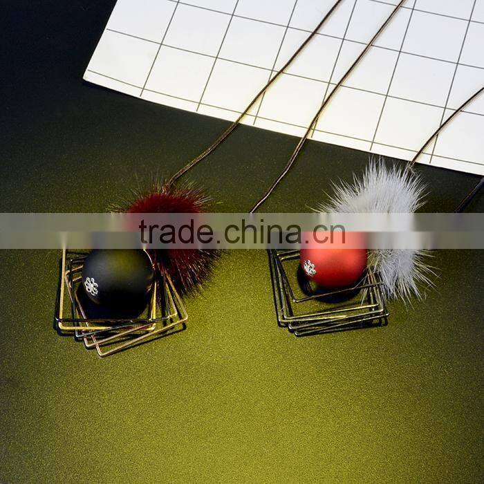 chunky ball metal square pendant necklace winter mink fur ball pendant necklace geometric sweater necklace