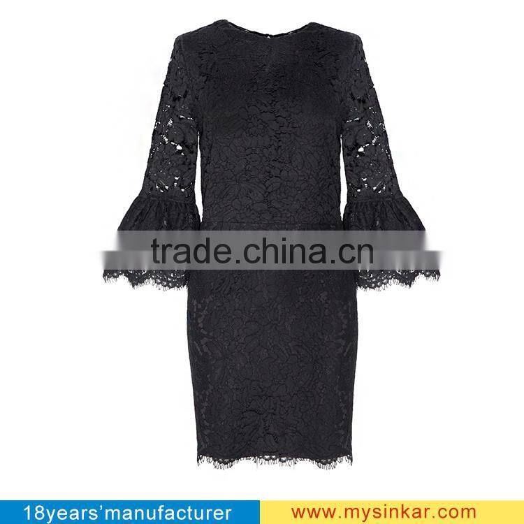 women fashion black lace cocktail dress with flutter bell sleeves
