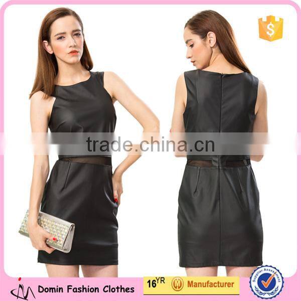 2015 New Fashion Mesh Insert synthetic Leather Dress for Women