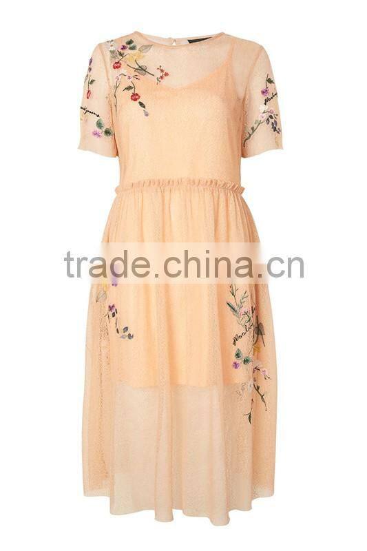 Woman Short Sleeve Flower Embroidered Midi Length Fashion Dress
