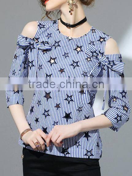 2017 summer newest fashion round neck cold shoulder blouse with stars pattern