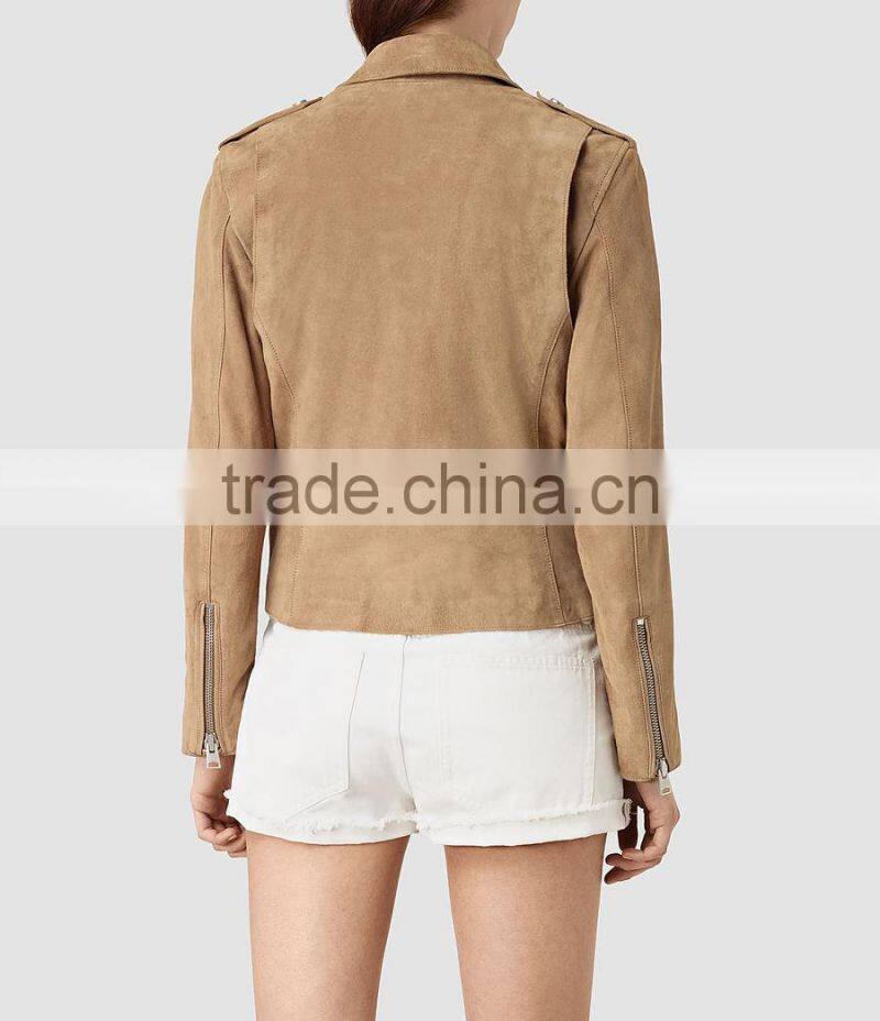 Cool newest slim fitting zip pockets classic city style blank suede biker jacket for women