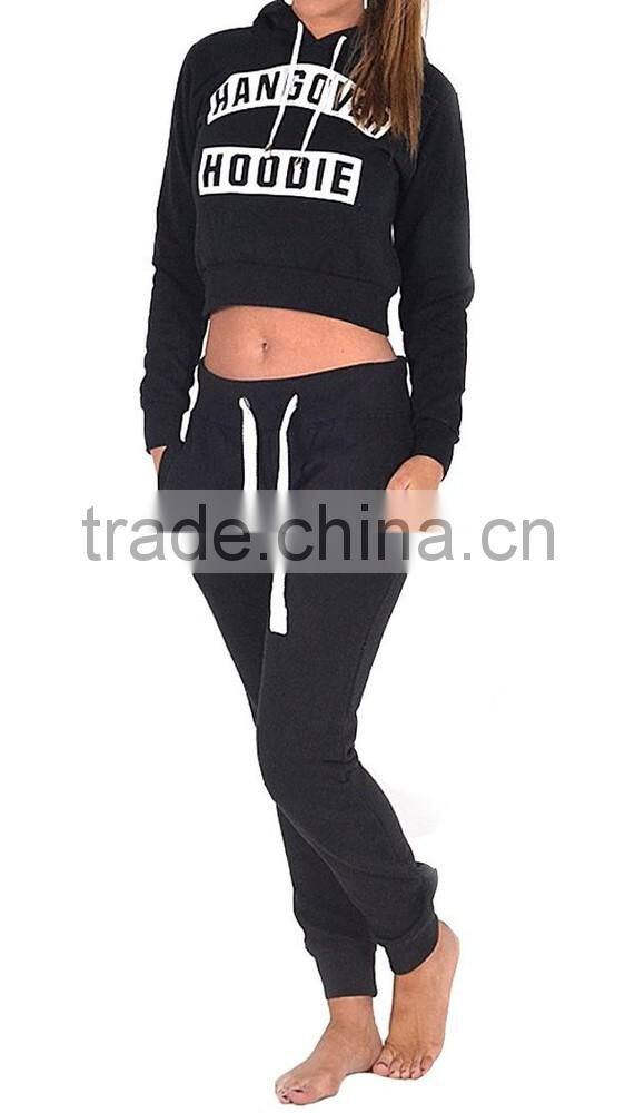 Womens stylish plain Black printing Cropped Hooded Top sweatshirts and joggers wholesale made in China Shenzhen MaRainbow