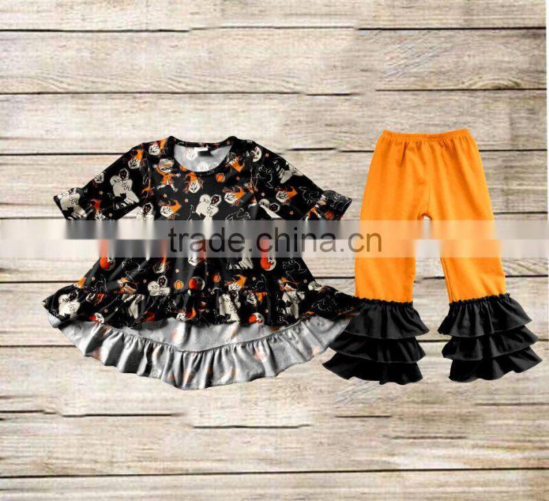 Wholesale fall winter print halloween clothing triple ruffle baby clothes clothing set