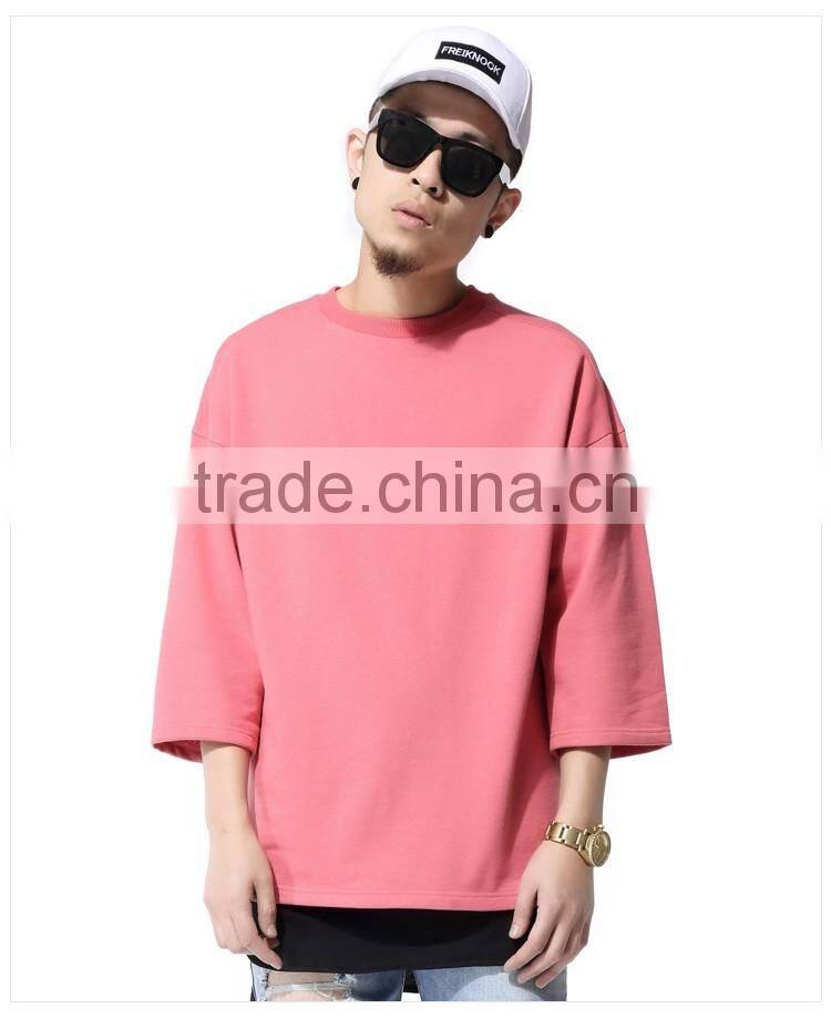 Mens pink side slit thick 3/4 sleeve loose t shirt