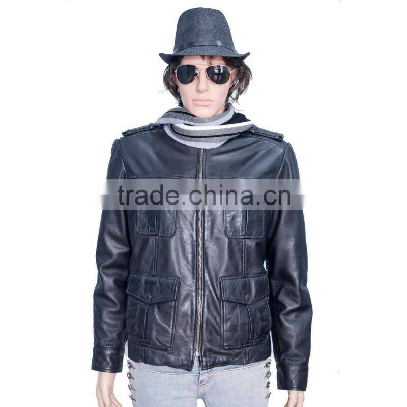 BIKER LEATHER JACKET WITH FOUR FLAP CHEST POCKET