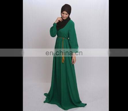 Long sleeve muslim dress for woman,chiffon maxi dress with belt