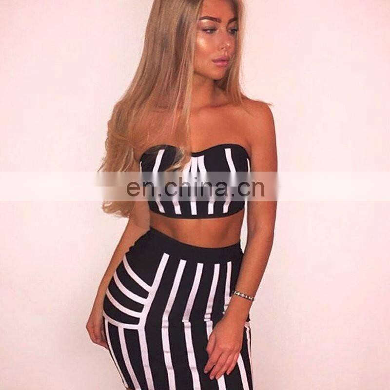 Amigo 2017 new design black white 2pcs sets crop top and mid pencil skirt bandage dress suit sexy evening dresses for women