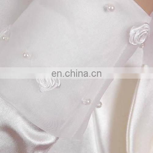 Ivory Satin Full Finger Bridal Glove With Organza Cuff Satin Rose Appliqued And Pear Beaded Hand Made Midi-length Wedding Glove