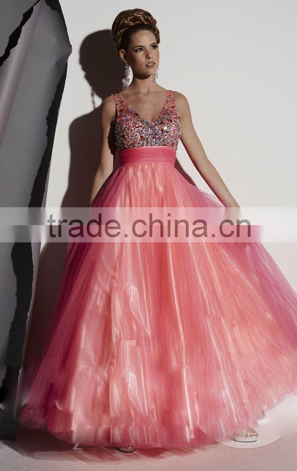 Hot Sale Elegant and Beautiful Organza Prom Dress with Colorful Beading and Tank High Quality V-Neck A-Line Prom Dress