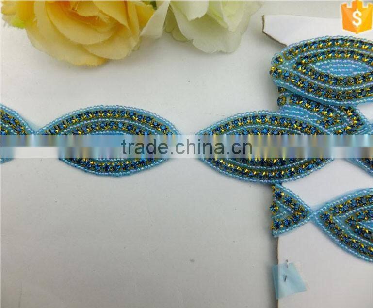 Blue Beaded Rhinestone Crystal Bridal Ribbon Belt Craft Applique