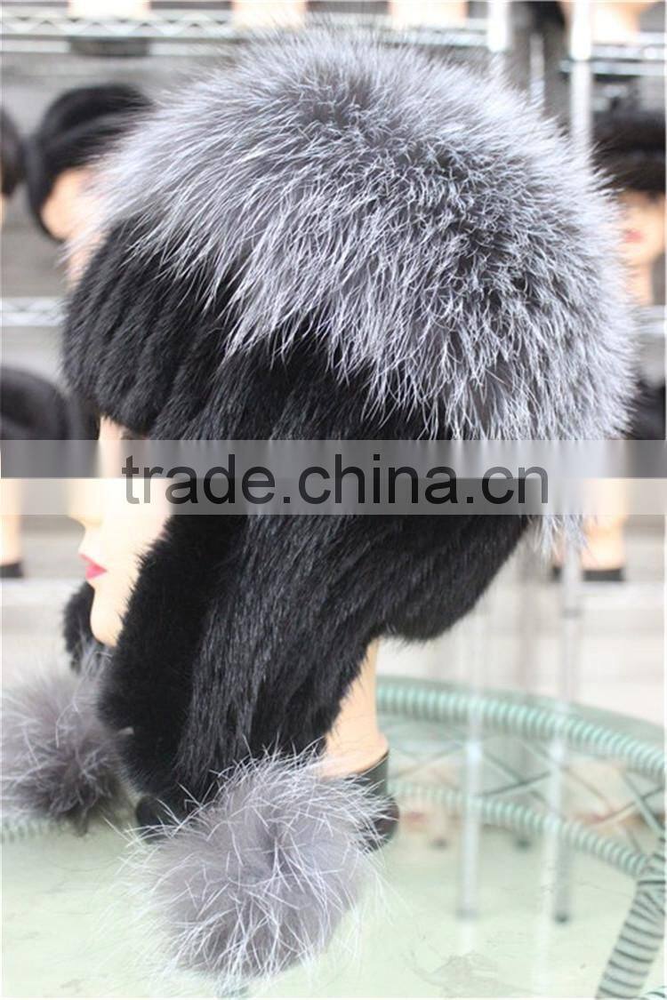 Women Winter Fur Hats Real Silver Fox Fur Pompom Mink Fur Hat With Ear Flap