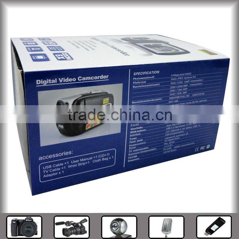 hd digital camera video camcorder 12mp with 3.0" TFT LCD can revolve angle of 270 degrees, USB2.0, flash light