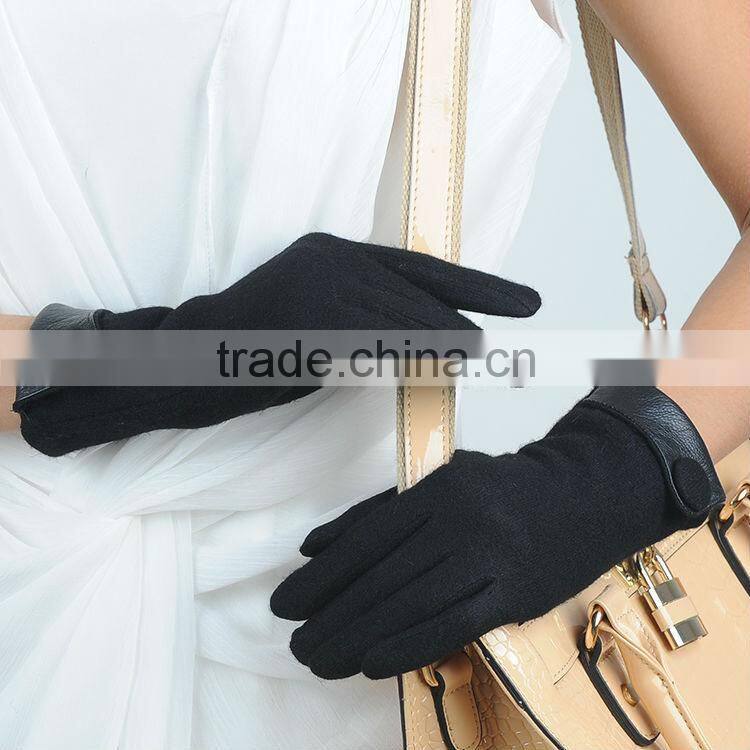 womens unlined classical button woolen gloves with leather cuff