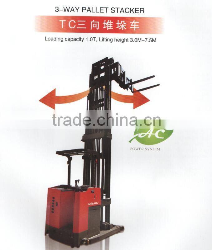 China supplier1 ton Battery Powered Stand- on 3000mm lifting height 3-way pallet stacker with CE