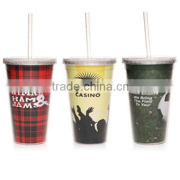 450ml/16oz BPA free plastic double wall tumbler with straw