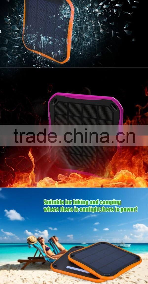 Waterproof Fireproof led light 5600mAh Dual USB Ports external backup battery charger Solar Power Bank for mobile phone tablet