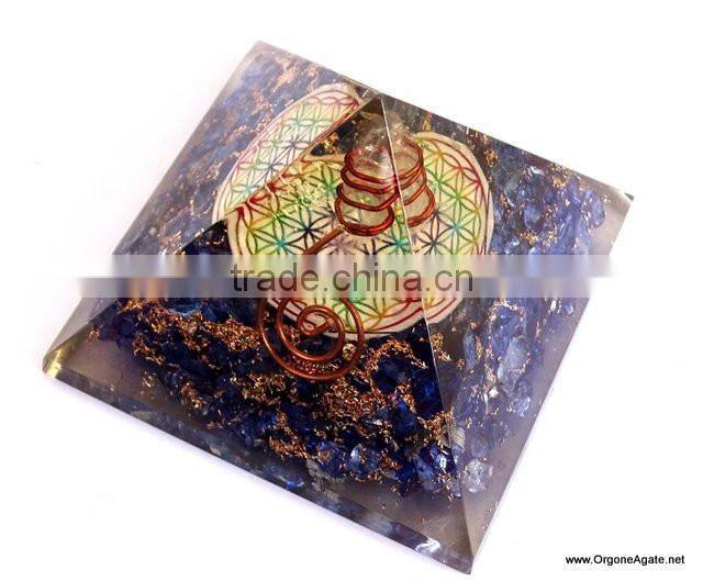 Quality Big Orgone Indigo Chakra Pyramid With Flower Of Life Symbol And Crystal Point | Reiki Pyramid