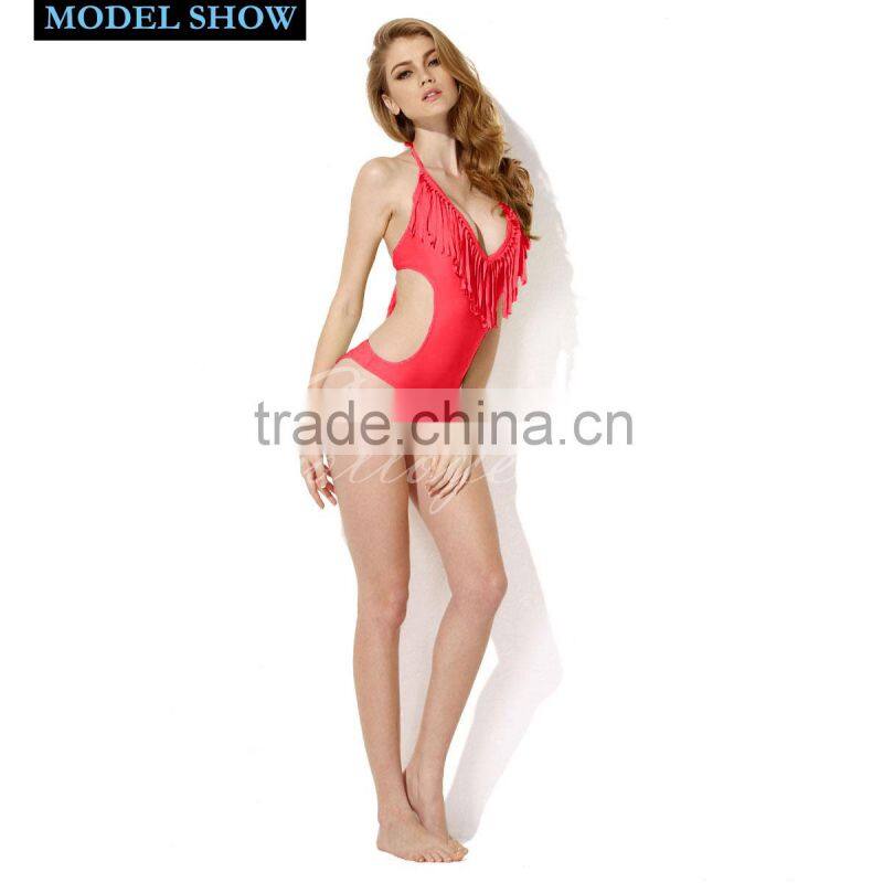 2016 New Sexy Red One-piece Swimsuit with Fringe and Side Cut-outs Colloyes