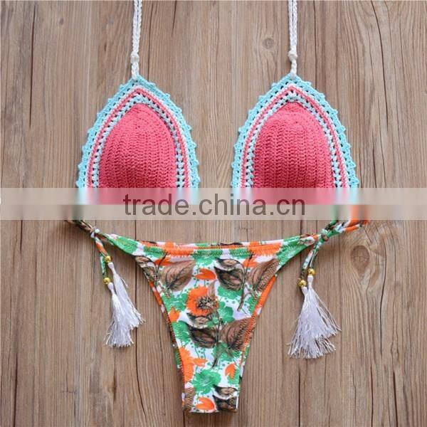 crochet top and elastic bottom style hand crochet sexy swimwear