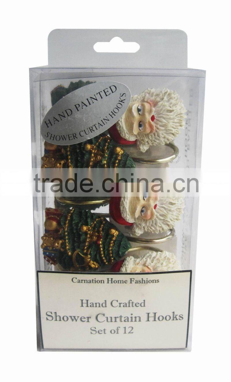 Christmas series shower curtain&12pcs decorative resin hooks set
