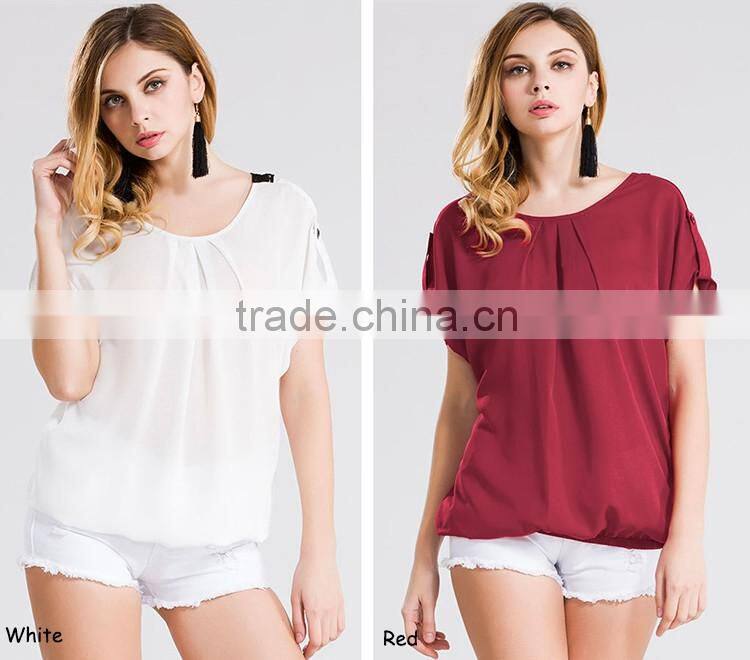 2016 Summer Women Round Neck Pleated Crop Tops Ladies Short Sleeve Tabs Lace Back Hollow Out Chiffon Blouses Elegant Design