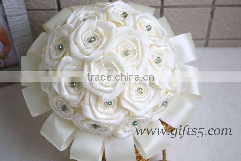 White handmade satin rose wedding bouquet with crystal