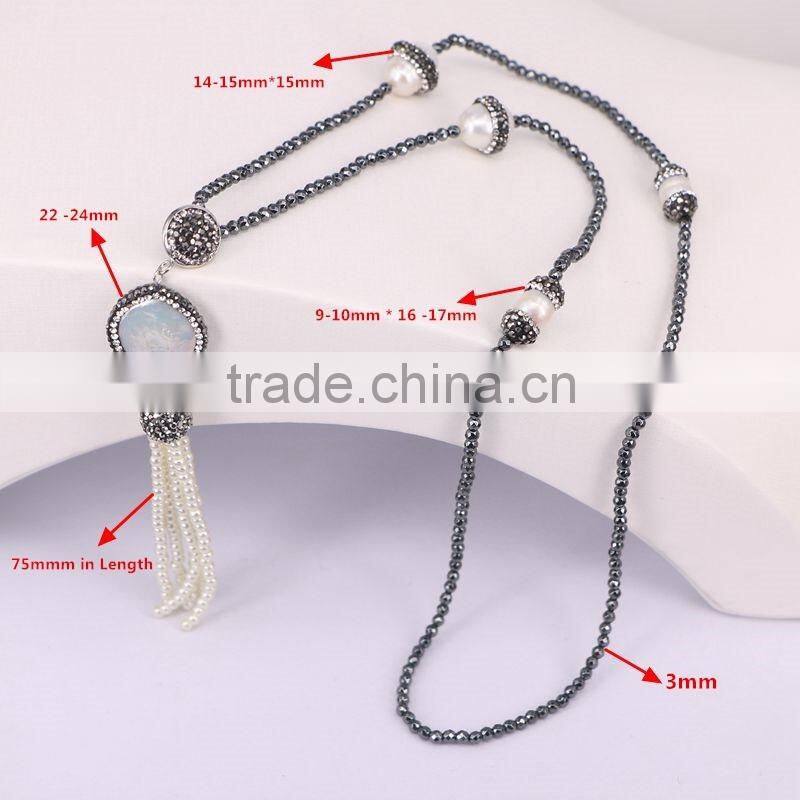 Charm Pearl Gemstone Beads Tassel Necklace, with 3mm Mini Black Hematite Beads Necklace,