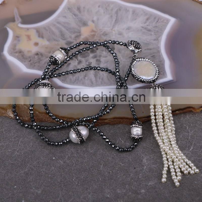 Charm Pearl Gemstone Beads Tassel Necklace, with 3mm Mini Black Hematite Beads Necklace,