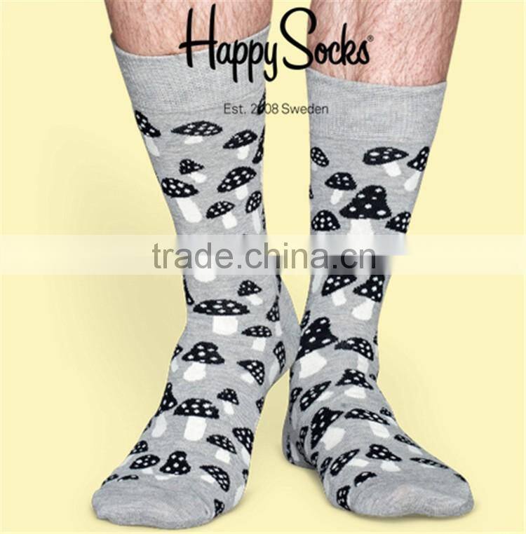 Factory Custom Mens Grey Color Mens Crew Socks with mushrooms all jacquarded