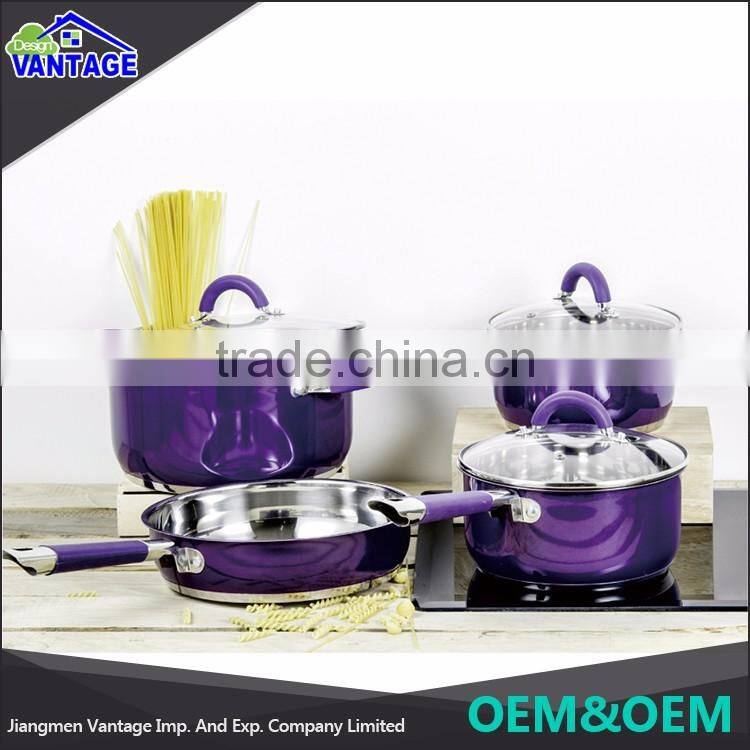 High quality stainless steel cooking pot color coating wholesale cookware with glass lid
