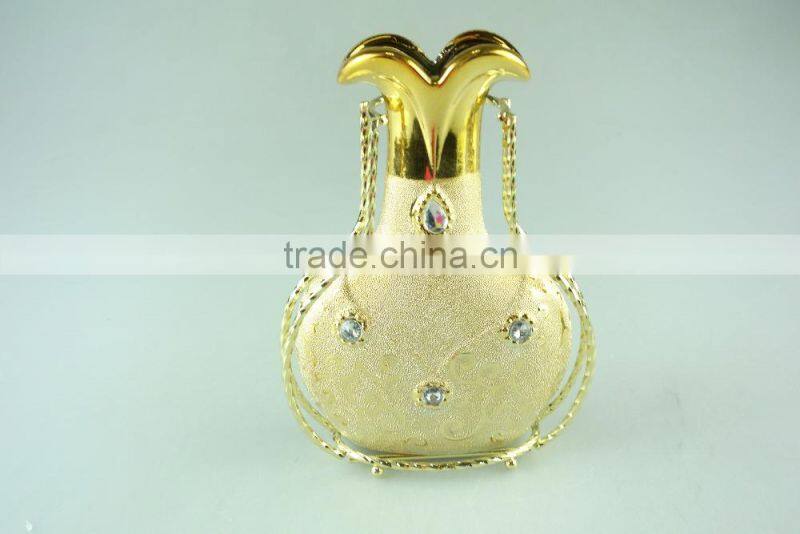 wholesale Ceramic Craft, electroplated gold ceramic vase with iron stand