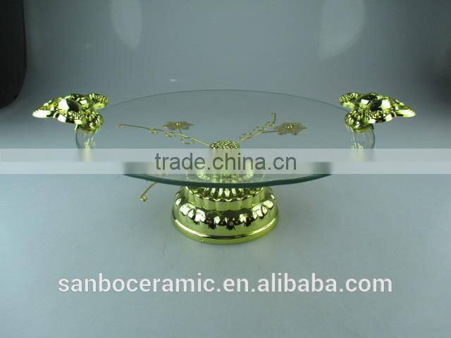 Round Wedding Glass cake plate with Gloden handles