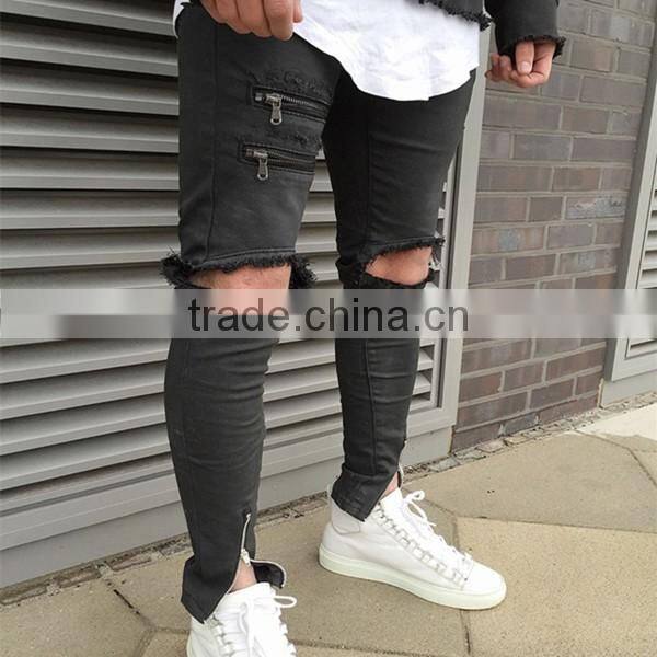 Europe grey black ripped denim pants slim jeans with zip down