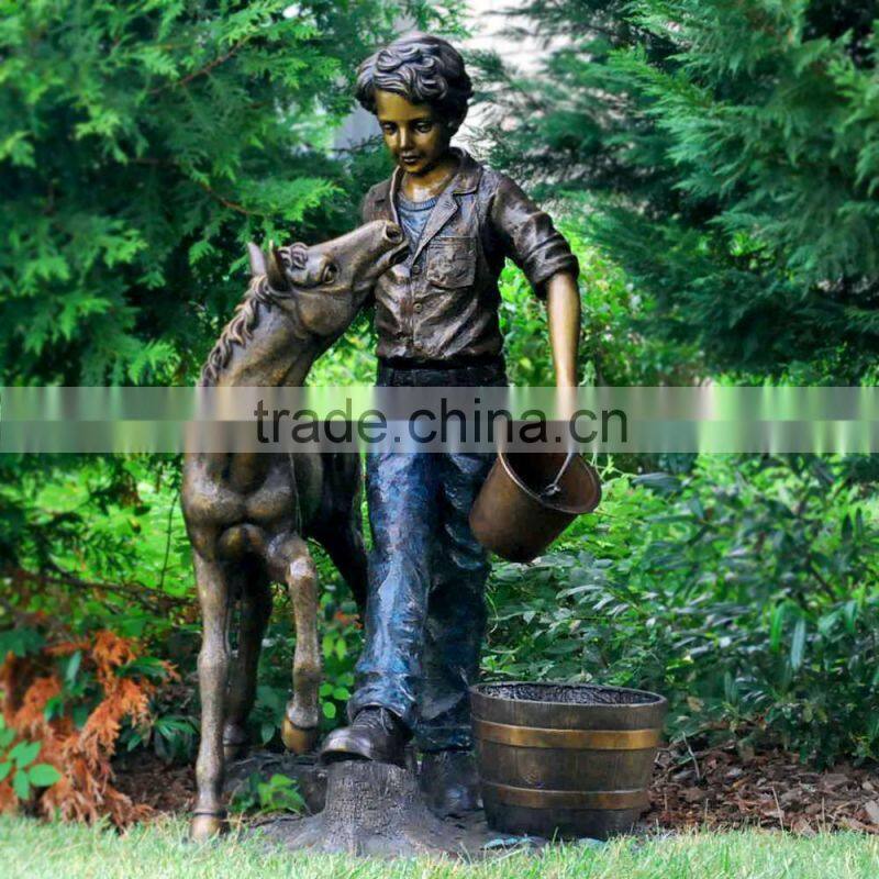 outdoor metal bronze boy garden fountain with Pony statue
