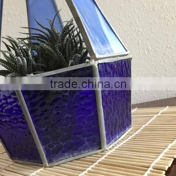 Mid Century Modern Leaded Large Vintage Teardrop Hanging Stained Glass Geometric Teardrop Shape Plant Holder Terrarium