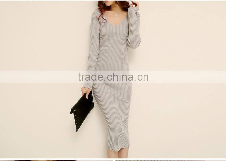 2016 Customized manufactorying korean style long sleeve V neck knitted ladies dress