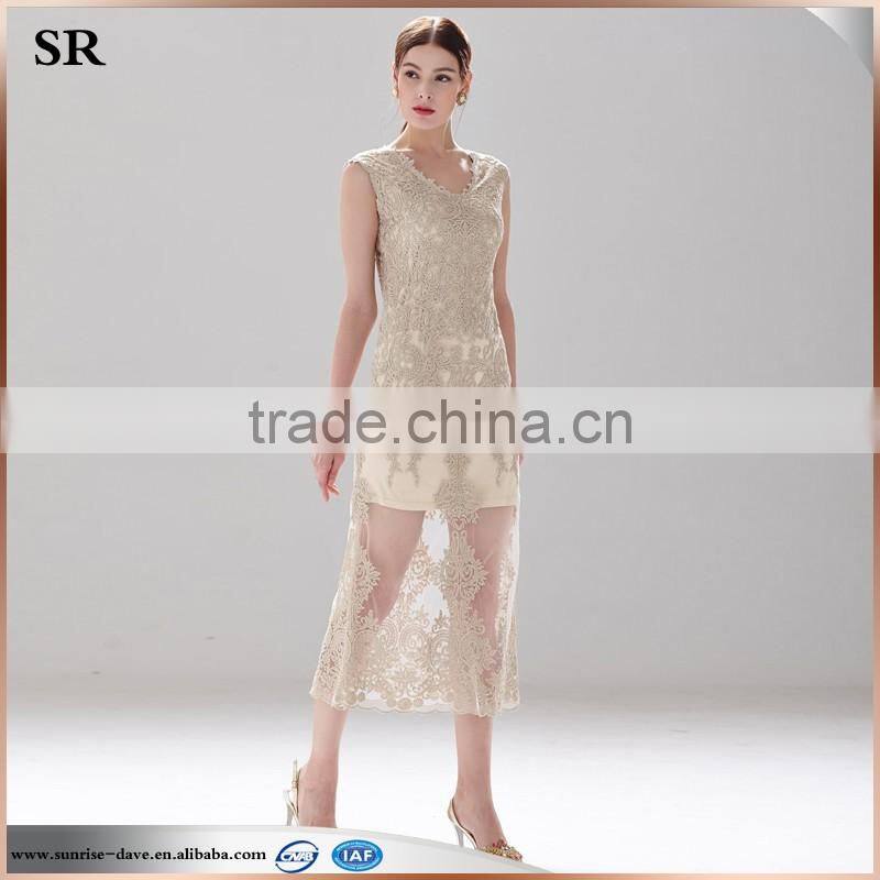 lady's mesh embroidery long lace dress