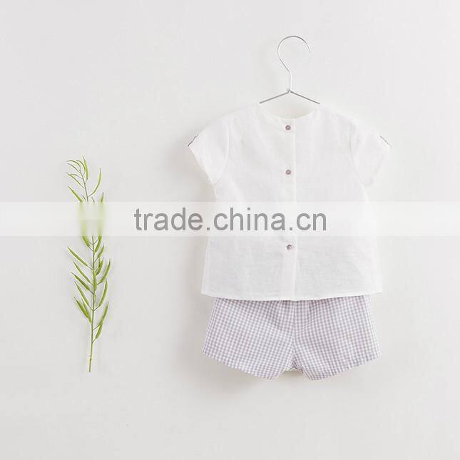 2017 baby boy clothes 2pcs set white linen blouse chest pocket light purple grids shorts