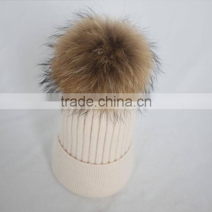Myfur Wholesale Classic Beige Angola Rabbit Custom Knitted Pom Beanie Hat with Fur Pom