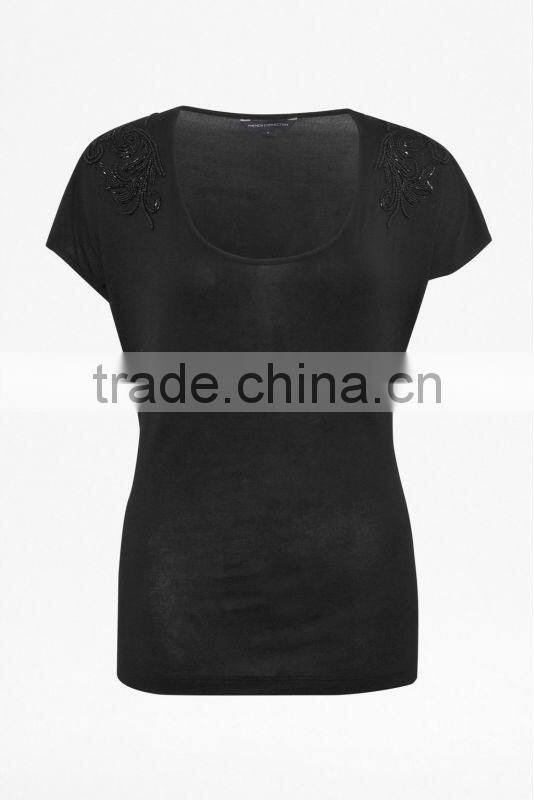 Beading Embellished Rayon Knit Jersey Top