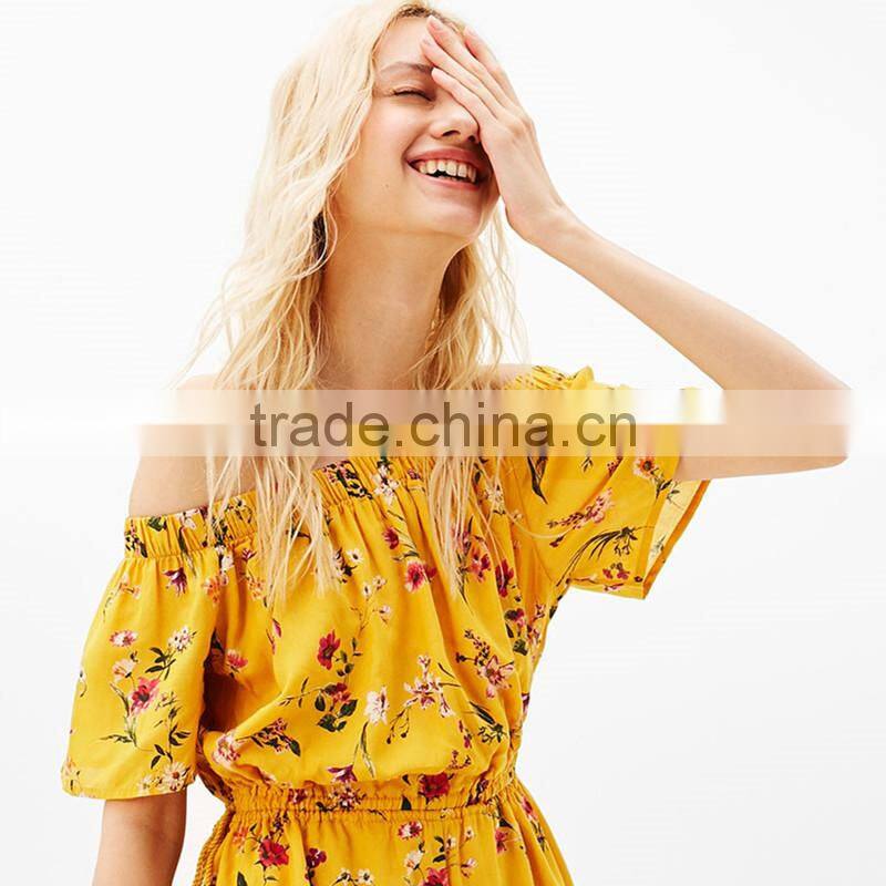 Best sell Thin Collect and high waist floral off-shoulder jumpsuit
