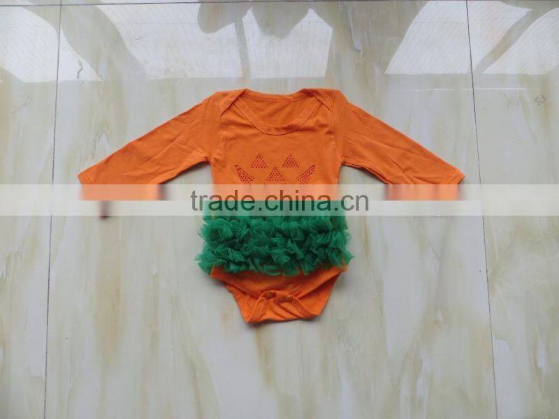 2015 orange romper long sleeve baby pumpkin romper with green lace ruffle baby clothes YW-143