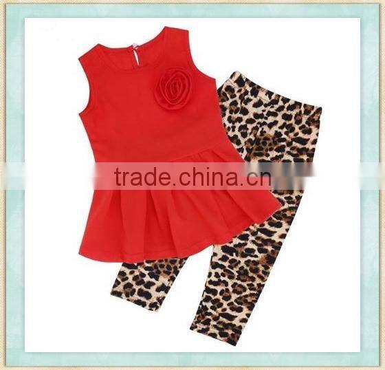 2017 Children clothing sets red tunic flower decorate top leopard print ceramic fiber clothing