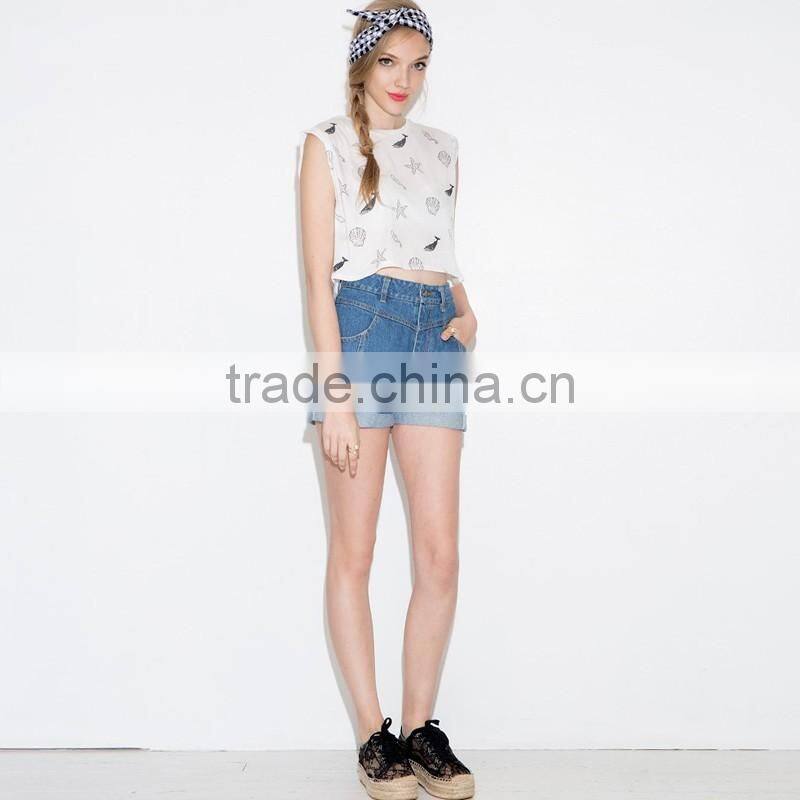 high quality sexy front shell printed sleeveless crop tops/t shirt