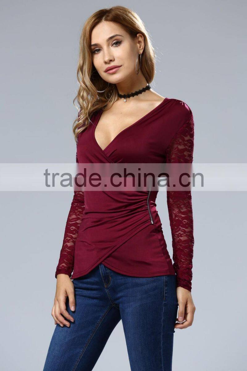 Clothes woman fashion long bell sleeve deep V neck lace blouse 2017