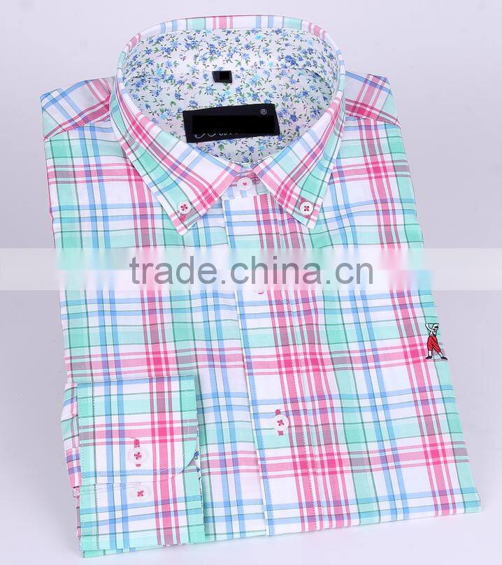 2017 new plaids men's long sleeve button-down slim fit shirt with contrast collar and cuff