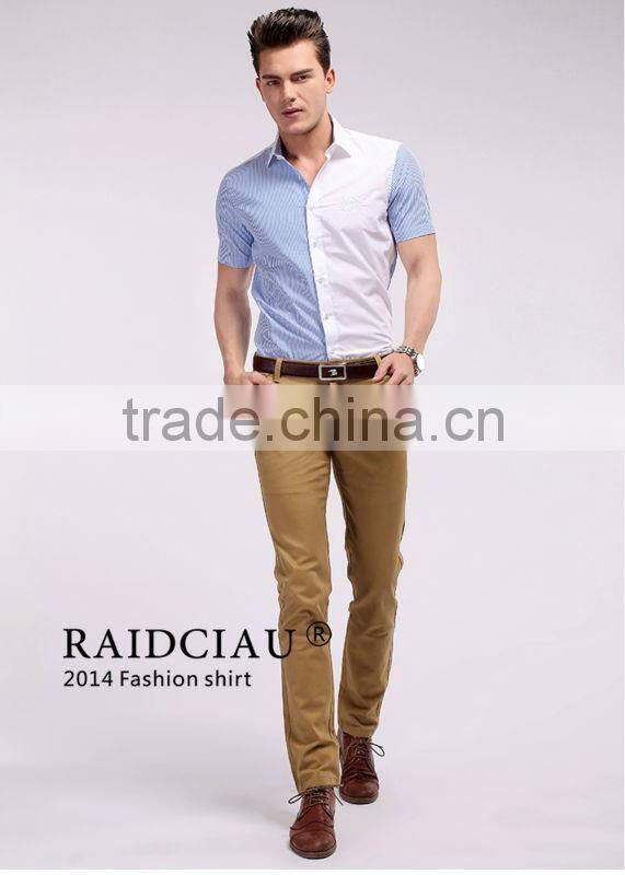 Wholesale cotton short sleeve matched stripe &solid color model man shirt