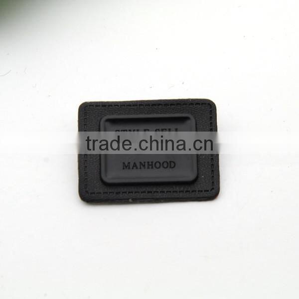 Black PU leather sew on patches labels with matt black metal plates manhood clothing label for jeans/jacket PLB-003