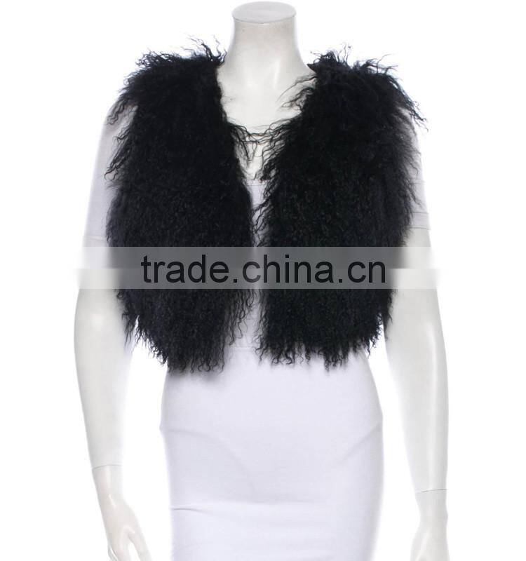 SJ209-01 SANDRAFUR High Quality Whole Skin Mongolian Tan Sheep Fur Vest Short Length Vest Long Fur